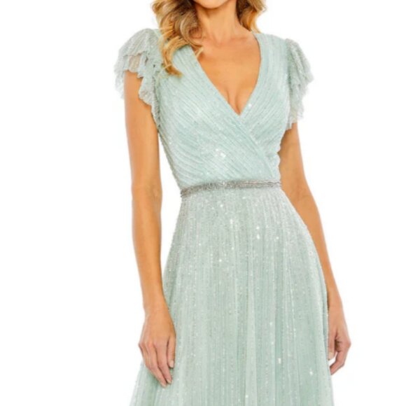 Mac Duggal (344) 5502 Sequined Wrap Over Ruffled Cap Sleeve Gown Size 14 Seamist - Picture 2 of 3